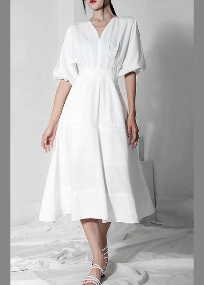 Comfy White V Neck Cotton Lantern sleeve Summer Dress - SooLinen