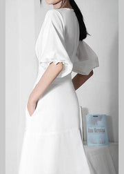 Comfy White V Neck Cotton Lantern sleeve Summer Dress - SooLinen