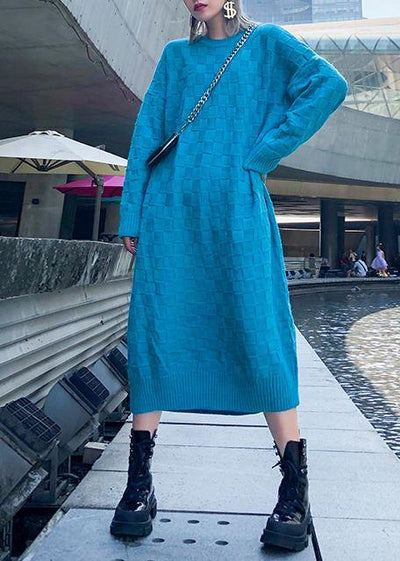 Comfy blue Sweater dress outfit Classy winter Mujer o neck knit dresses - SooLinen