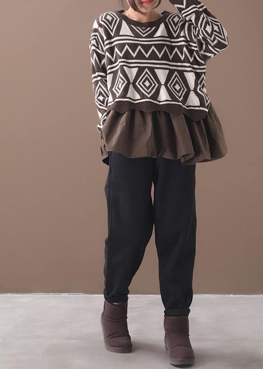 Comfy brown Sweater Blouse patchwork casual Geometry knit tops - SooLinen