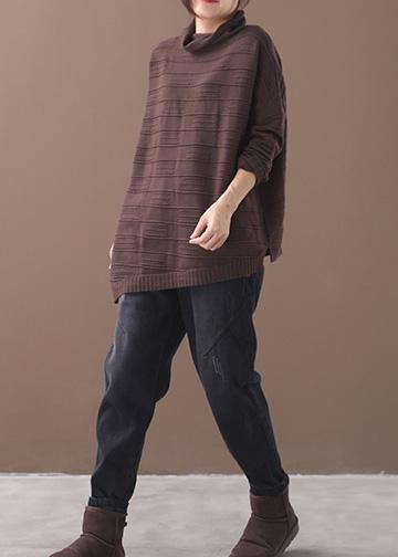 Comfy chocolate clothes high neck thick Loose fitting knitted blouse - SooLinen