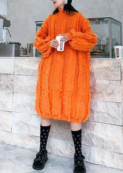 Comfy high neck tassel Sweater fall weather Upcycle orange baggy knitwear - SooLinen