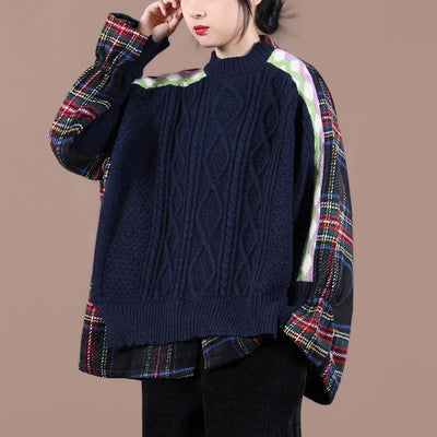 Comfy navy plaid knit sweat tops oversized o neck false two pieces Blouse - SooLinen