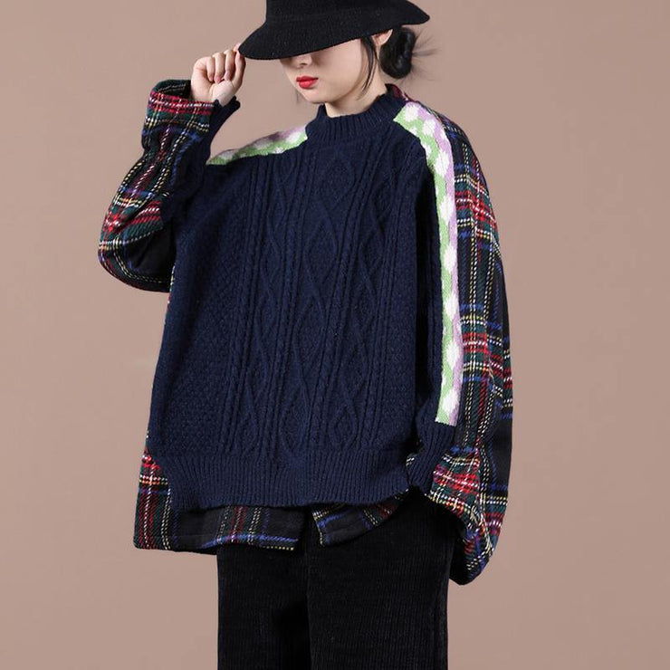 Comfy navy plaid knit sweat tops oversized o neck false two pieces Blouse - SooLinen