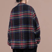 Comfy navy plaid knit sweat tops oversized o neck false two pieces Blouse - SooLinen