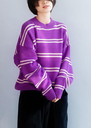 Comfy o neck purple striped knitwear Loose fitting thick Sweater Blouse - SooLinen