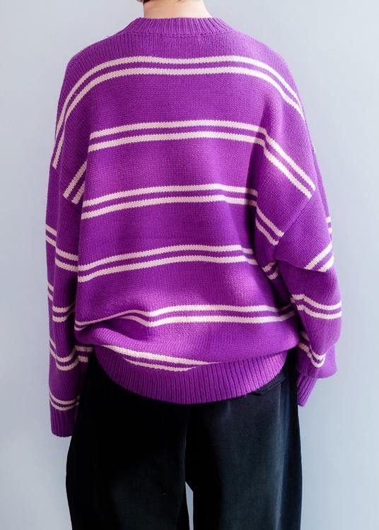 Comfy o neck purple striped knitwear Loose fitting thick Sweater Blouse - SooLinen