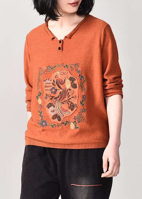 Comfy orange prints knit tops fall fashion fall v neck sweaters wild - SooLinen