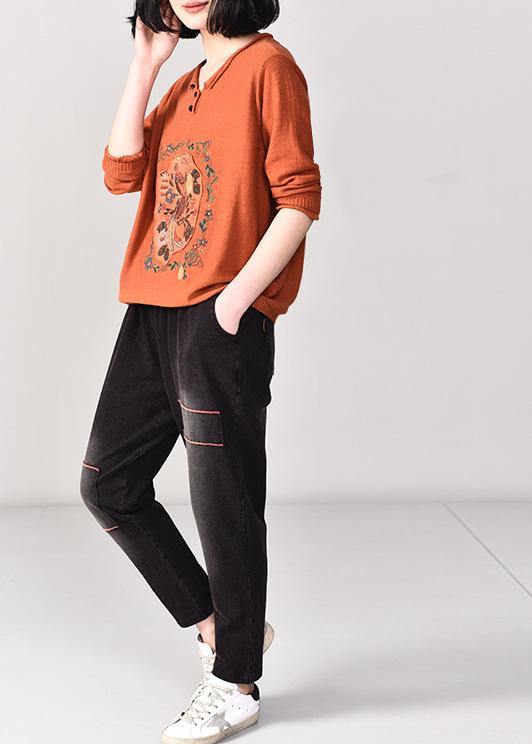 Comfy orange prints knit tops fall fashion fall v neck sweaters wild - SooLinen