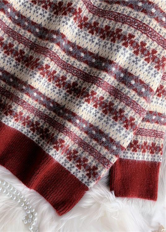 Comfy red clothes striped plussize high neck knitwear - SooLinen