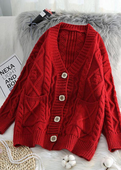 Comfy red knit jacket oversized spring two pockets knitwear - SooLinen