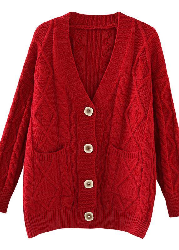 Comfy red knit jacket oversized spring two pockets knitwear - SooLinen