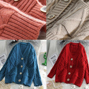 Comfy red knit jacket oversized spring two pockets knitwear - SooLinen