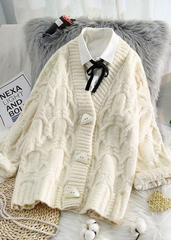 Comfy spring knitwear plus size beige v neck Button sweater coat - SooLinen