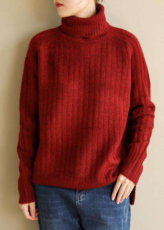 Comfy spring red knit tops fall fashion high neck knit blouse - SooLinen