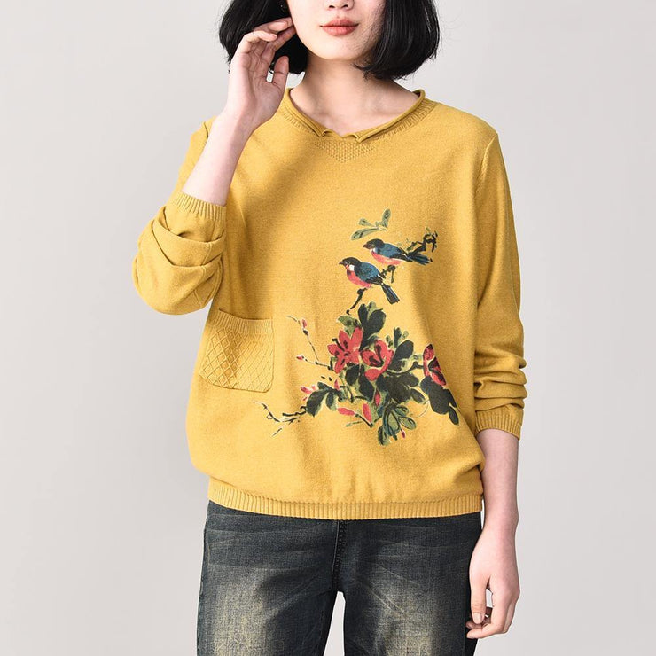 Comfy yellow knit jacket trendy plus size autumn prints knit sweat tops pockets - SooLinen