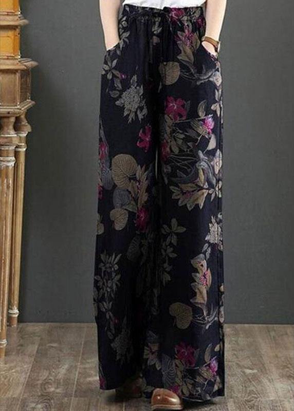 Cotton Women Palnt Floral Print Pocket Drawstring Elastic Waist Retro Wide Leg Pants - SooLinen