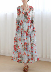 Cotton and linen new style Jiangnan floral five-point sleeve high waist dress ramie printed long skirt - SooLinen