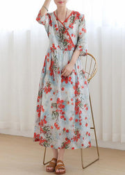 Cotton and linen new style Jiangnan floral five-point sleeve high waist dress ramie printed long skirt - SooLinen