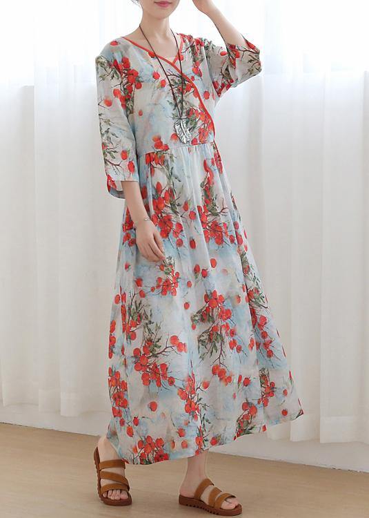 Cotton and linen new style Jiangnan floral five-point sleeve high waist dress ramie printed long skirt - SooLinen