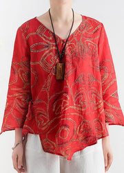 Cotton and linen women's summer V-neck lace high-end large size abstract red printed heart-shaped ramie shirt - SooLinen