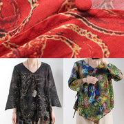 Cotton and linen women's summer V-neck lace high-end large size abstract red printed heart-shaped ramie shirt - SooLinen