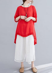 Cotton linen red two-piece fungus stitching round neck T-shirt split seven-point wide-leg pants fashion suit - SooLinen