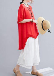 Cotton linen red two-piece fungus stitching round neck T-shirt split seven-point wide-leg pants fashion suit - SooLinen