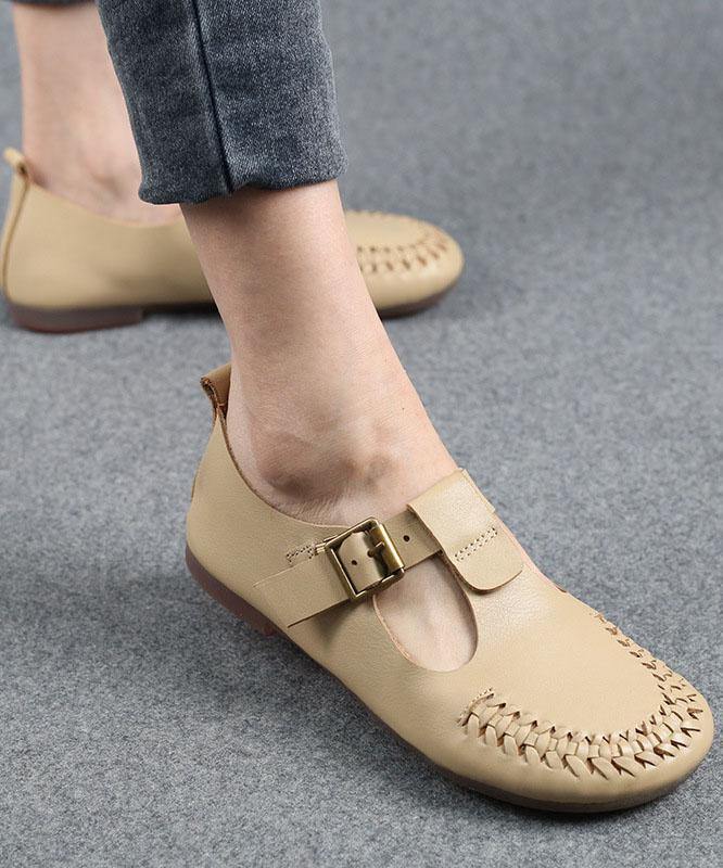 Cowhide Beige Leather Flat Shoes For Women Buckle Strap Hollow Out Flat Shoes - SooLinen