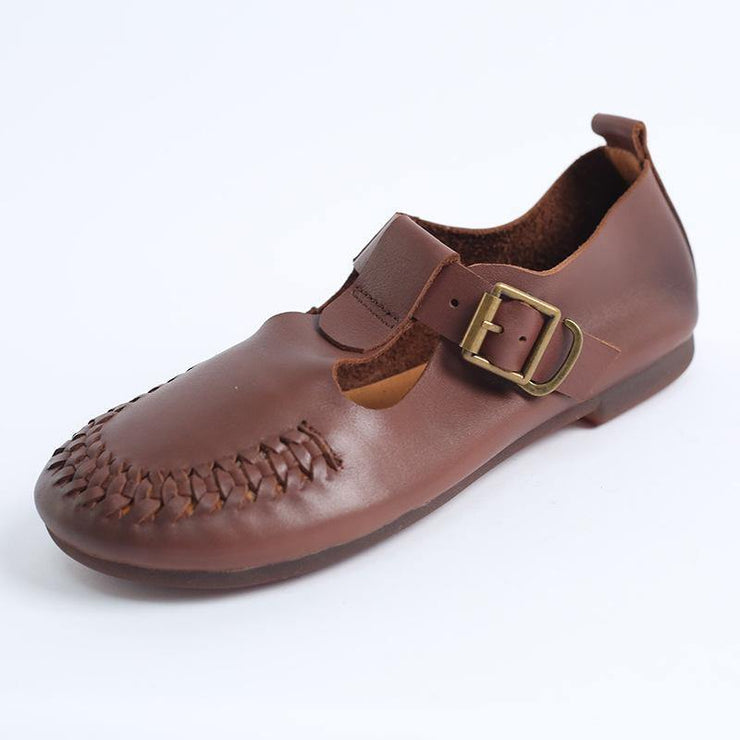 Cowhide Beige Leather Flat Shoes For Women Buckle Strap Hollow Out Flat Shoes - SooLinen