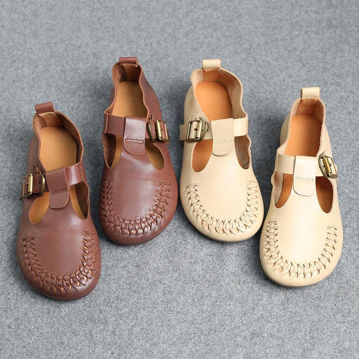 Cowhide Beige Leather Flat Shoes For Women Buckle Strap Hollow Out Flat Shoes - SooLinen