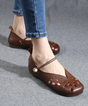 Cowhide Chocolate Leather Flat Shoes For Women Hollow Out Flat Shoes - SooLinen