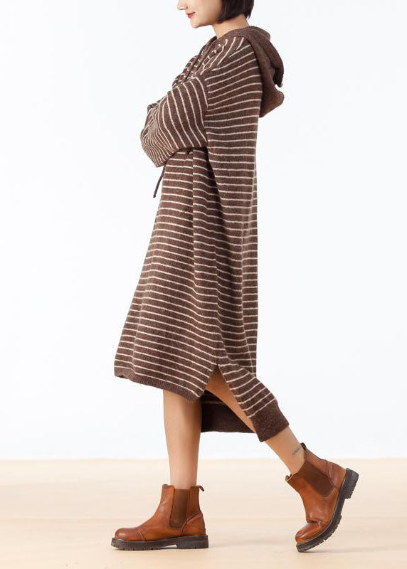 Cozy Sweater weather Largo Chocolate High Low Hem Knit Stripe Loose Dress