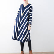 Cozy blue striped sweater dress plus size clothing fall dresses Elegant unique pullover long sleeve