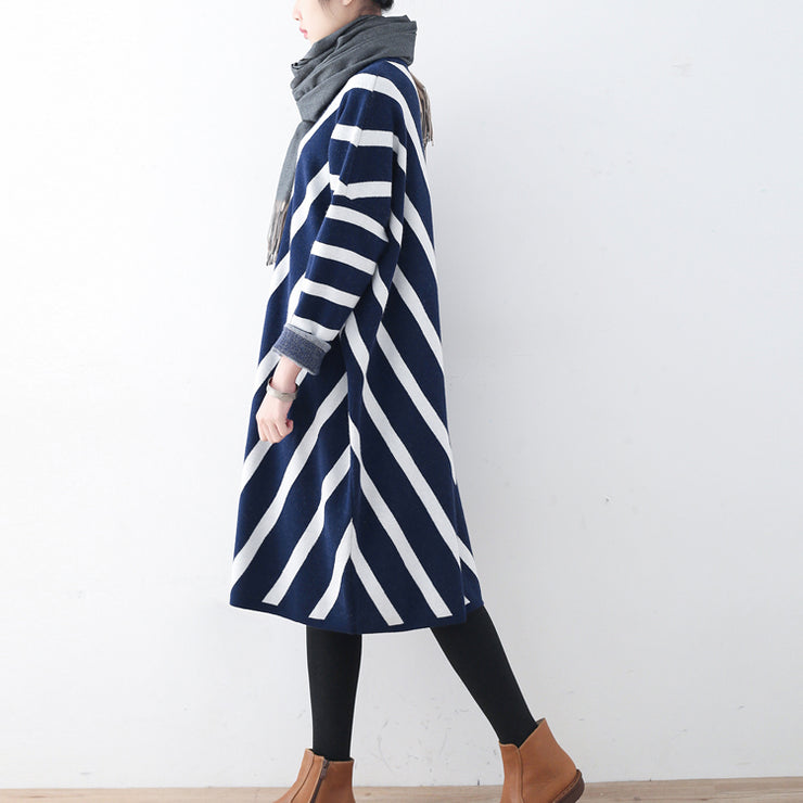 Cozy blue striped sweater dress plus size clothing fall dresses Elegant unique pullover long sleeve