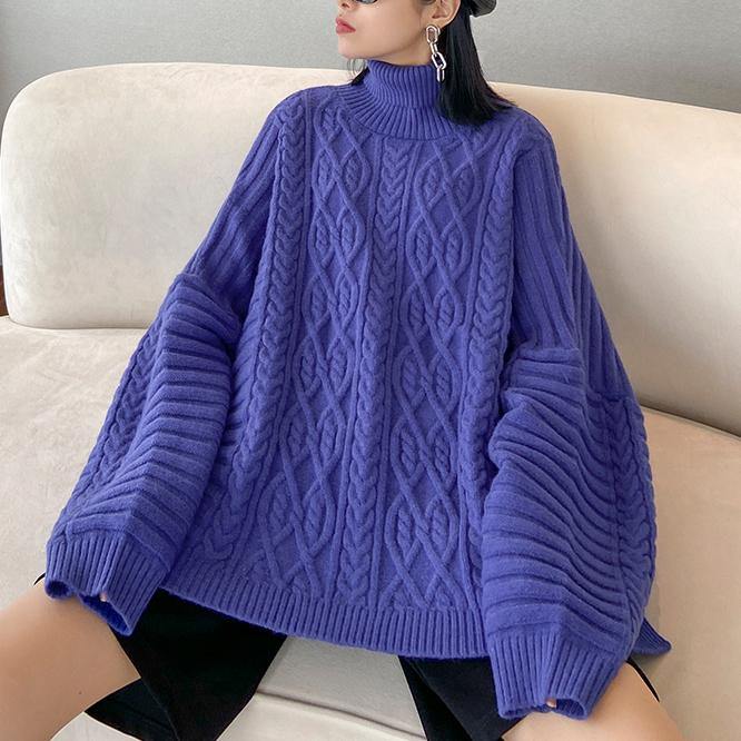 Cozy blue sweaters casual high neck side open knitted clothes - SooLinen