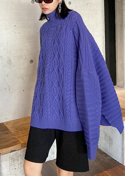 Cozy blue sweaters casual high neck side open knitted clothes - SooLinen