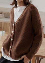 Cozy chocolate casual winter knit sweat tops v neck - SooLinen