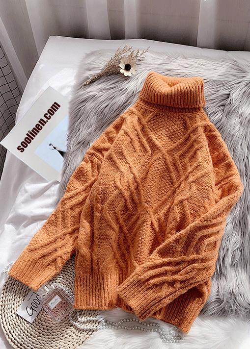 Cozy orange knitted top thick spring fashion high neck sweaters - SooLinen