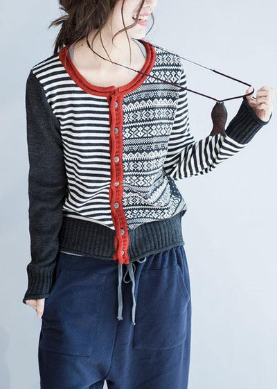 Cozy striped knit jacket plus size fall knit sweat tops o neck Button Down - SooLinen