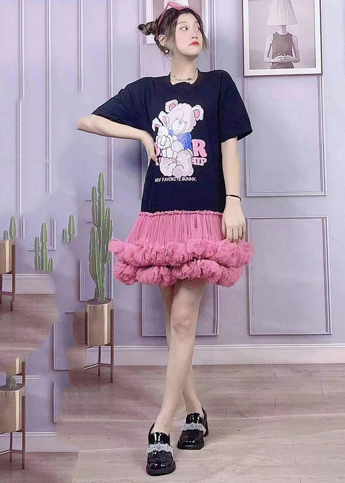 Cute Black O-Neck Bear Applique Tulle Patchwork Cotton Pleated Dress Short Sleeve