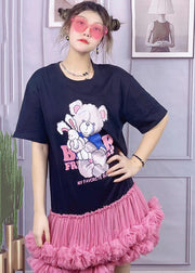 Cute Black O-Neck Bear Applique Tulle Patchwork Cotton Pleated Dress Short Sleeve