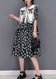 Cute Black Peter Pan Collar Bow Print Chiffon A Line Dresses Short Sleeve