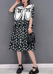 Cute Black Peter Pan Collar Bow Print Chiffon A Line Dresses Short Sleeve