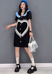 Cute Black Peter Pan Collar Love Tulle Patchwork Shirt Dress Short Sleeve