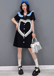 Cute Black Peter Pan Collar Love Tulle Patchwork Shirt Dress Short Sleeve