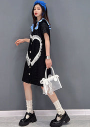 Cute Black Peter Pan Collar Love Tulle Patchwork Shirt Dress Short Sleeve