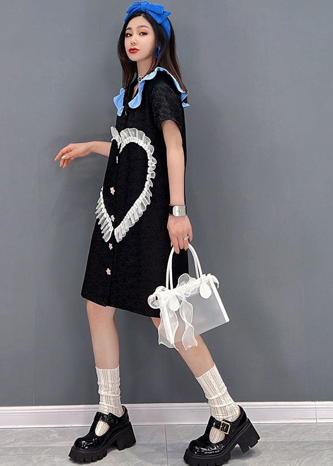 Cute Black Peter Pan Collar Love Tulle Patchwork Shirt Dress Short Sleeve