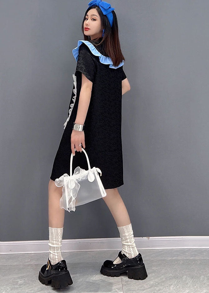 Cute Black Peter Pan Collar Love Tulle Patchwork Shirt Dress Short Sleeve