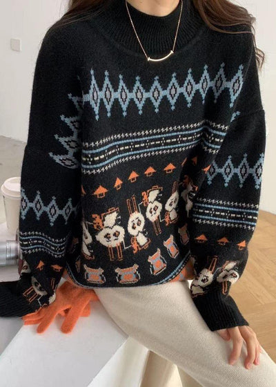 Cute Black Rabbit Pattern Knit Sweat Tops High Neck Sweater Tops - SooLinen